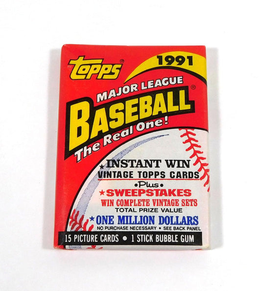 Paquete de cartas de béisbol Topps MLB 1991, ideal para coleccionistas y fanáticos del béisbol. 100% auténtico y de alta calidad.