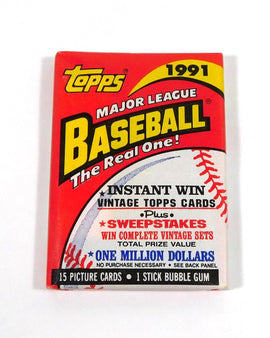 Paquete de cartas de béisbol Topps MLB 1991, ideal para coleccionistas y fanáticos del béisbol. 100% auténtico y de alta calidad.