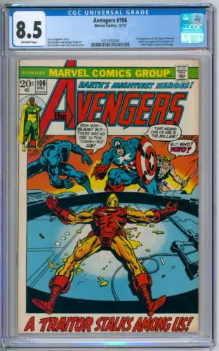 Avengers 106 CGC 8.5 VF+ Marvel 1972: Cómic clásico, autenticado y de alta calidad. Ideal para coleccionistas. ¡Añádelo a tu colección!