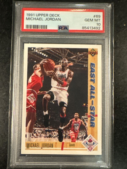 Tarjeta 1991 Upper Deck Michael Jordan #69 PSA 10, perfecta para coleccionistas y fanáticos del baloncesto. ¡Añádela a tu colección!