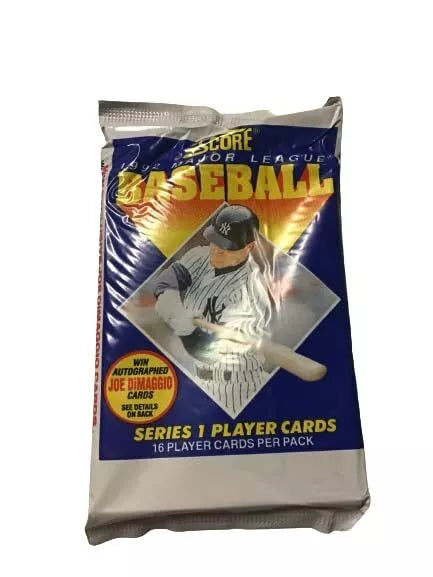 Paquete de 16 tarjetas de béisbol de 1992 Score. ¡Incluye la posibilidad de una tarjeta autografiada de Joe Dimaggio! Solo 1 pack disponible.